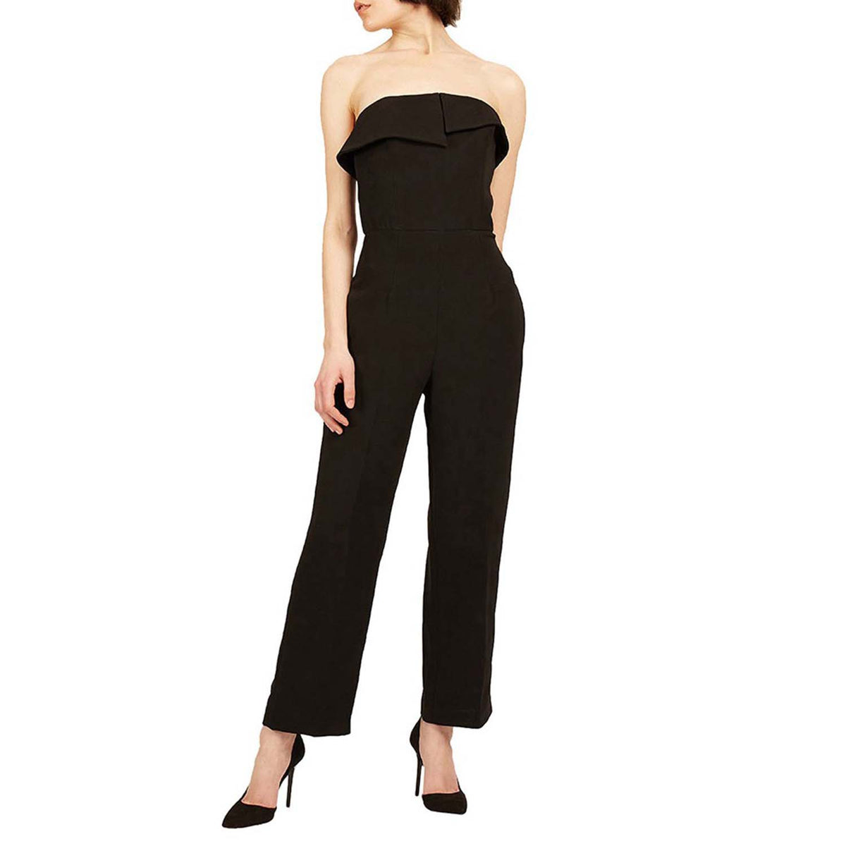 Strapless crepe jumpsuit with asymmetric top panel| Temperance