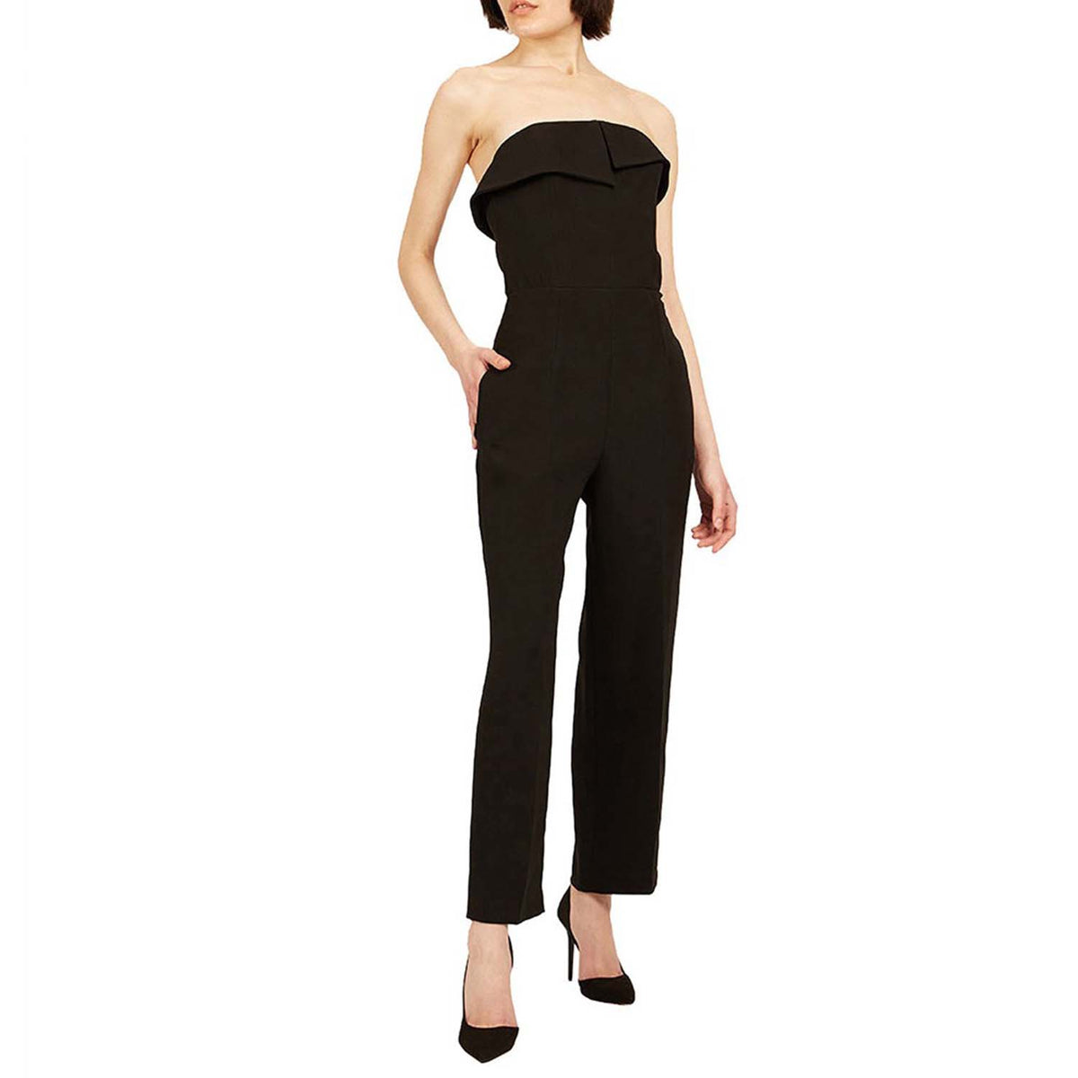 Strapless crepe jumpsuit with asymmetric top panel| Temperance