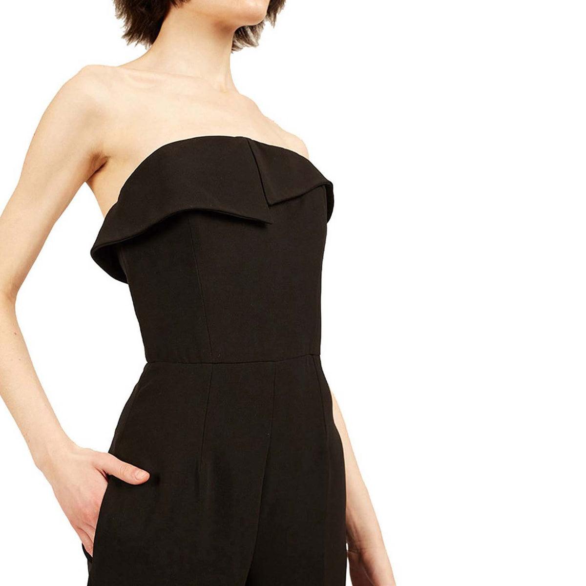 Strapless crepe jumpsuit with asymmetric top panel| Temperance