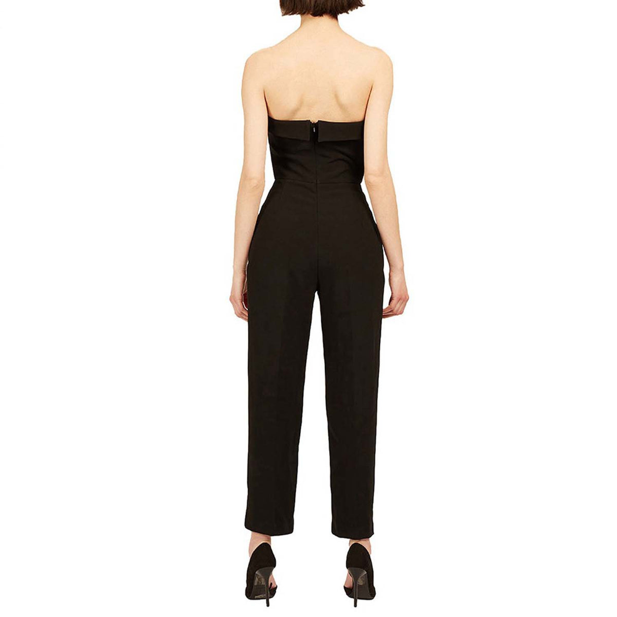 Strapless crepe jumpsuit with asymmetric top panel| Temperance