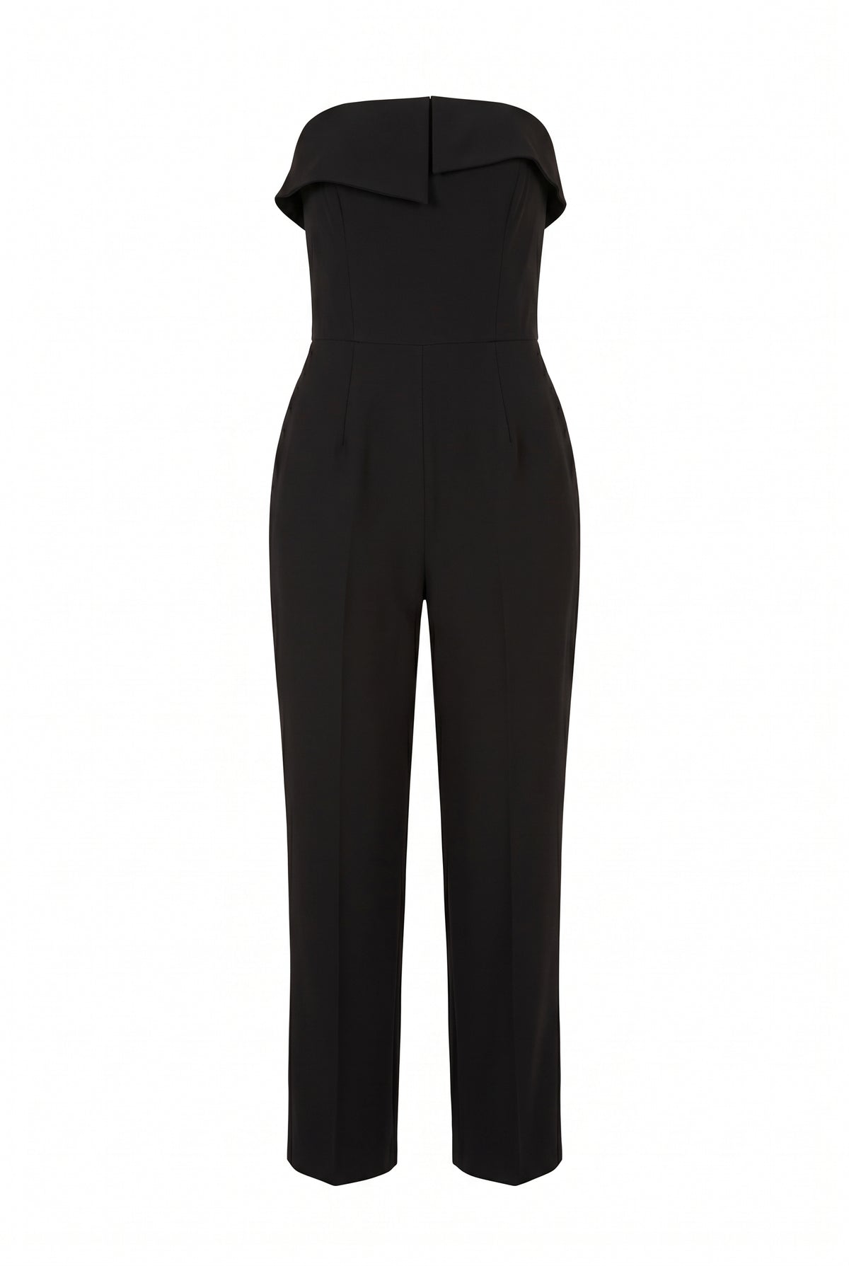 Strapless crepe jumpsuit with asymmetric top panel| Temperance